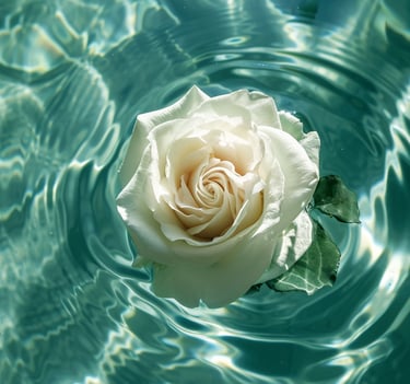 A white rose floating on water, symbolizing purity and renewal